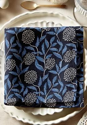 12Pcs White And Navy Blue Printed Cotton Table Napkins