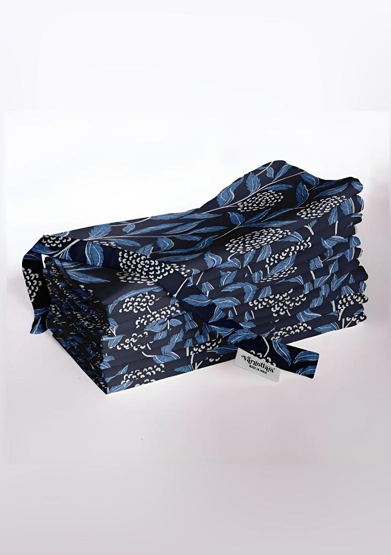 12Pcs White And Navy Blue Printed Cotton Table Napkins