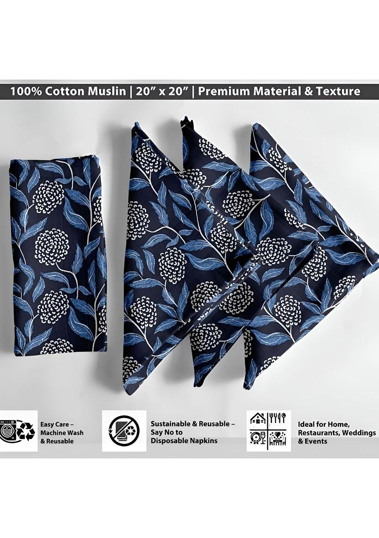 12Pcs White And Navy Blue Printed Cotton Table Napkins