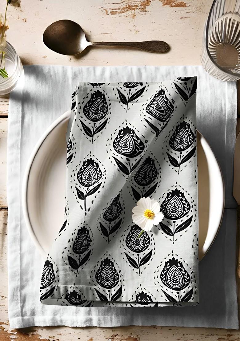 12Pcs White And Black Printed Cotton Table Napkins