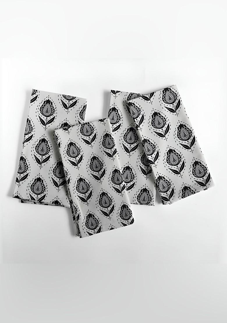 12Pcs White And Black Printed Cotton Table Napkins