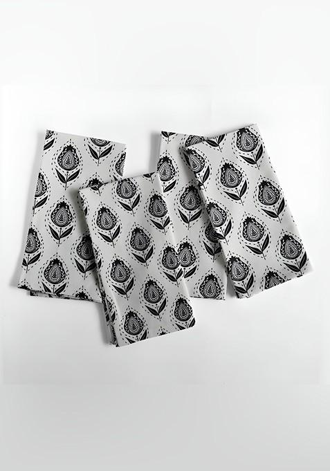 12Pcs White And Black Printed Cotton Table Napkins