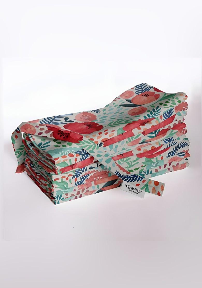 12Pcs Off White And Green Printed Cotton Table Napkins