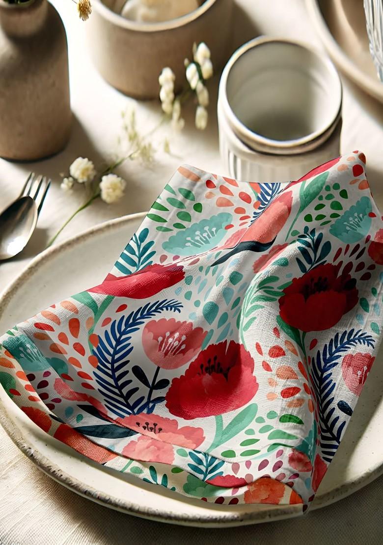 12Pcs Off White And Green Printed Cotton Table Napkins