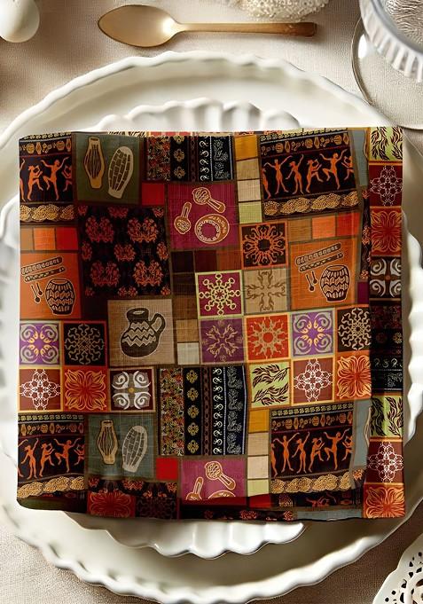 12Pcs Brown And Black Printed Cotton Table Napkins