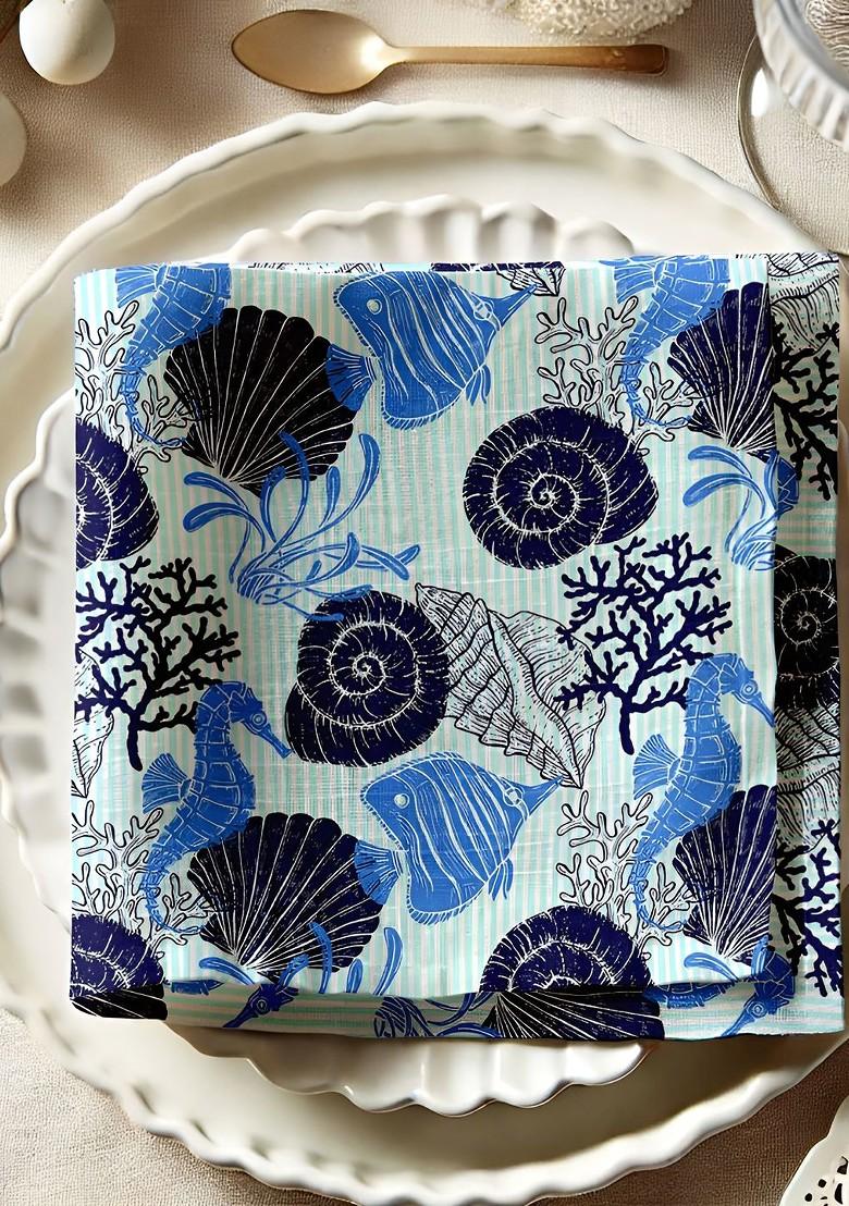 12Pcs Blue And White Printed Cotton Table Napkins
