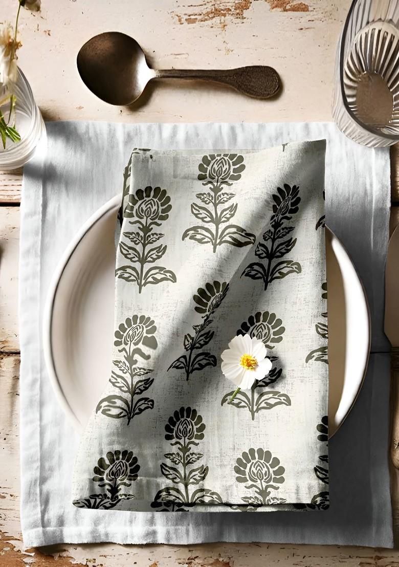 12Pcs Off White And Grey Printed Cotton Table Napkins