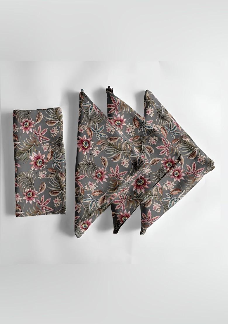12Pcs Grey And Green Printed Cotton Table Napkins