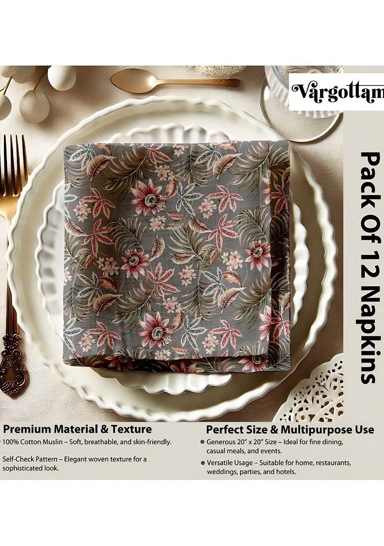 12Pcs Grey And Green Printed Cotton Table Napkins