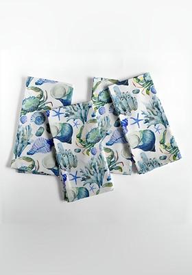 12Pcs White And Blue Printed Cotton Table Napkins