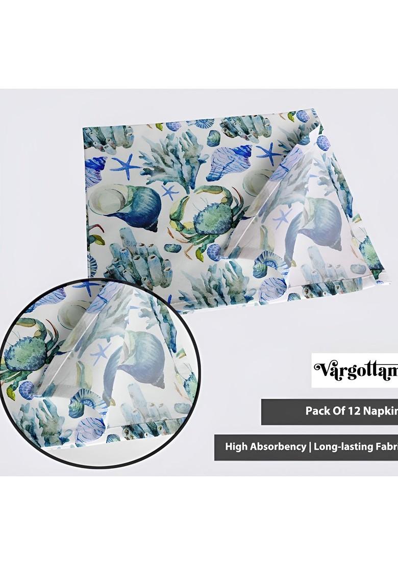 12Pcs White And Blue Printed Cotton Table Napkins
