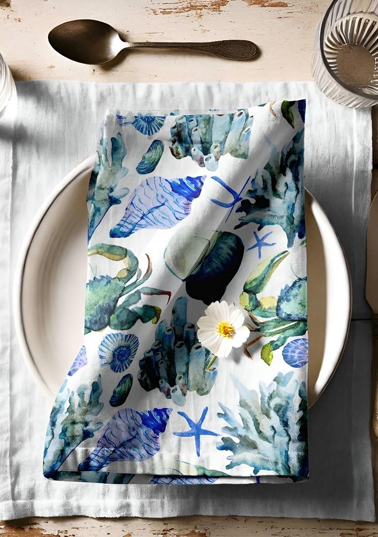 12Pcs White And Blue Printed Cotton Table Napkins