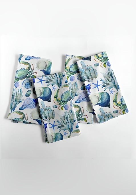 12Pcs White And Blue Printed Cotton Table Napkins