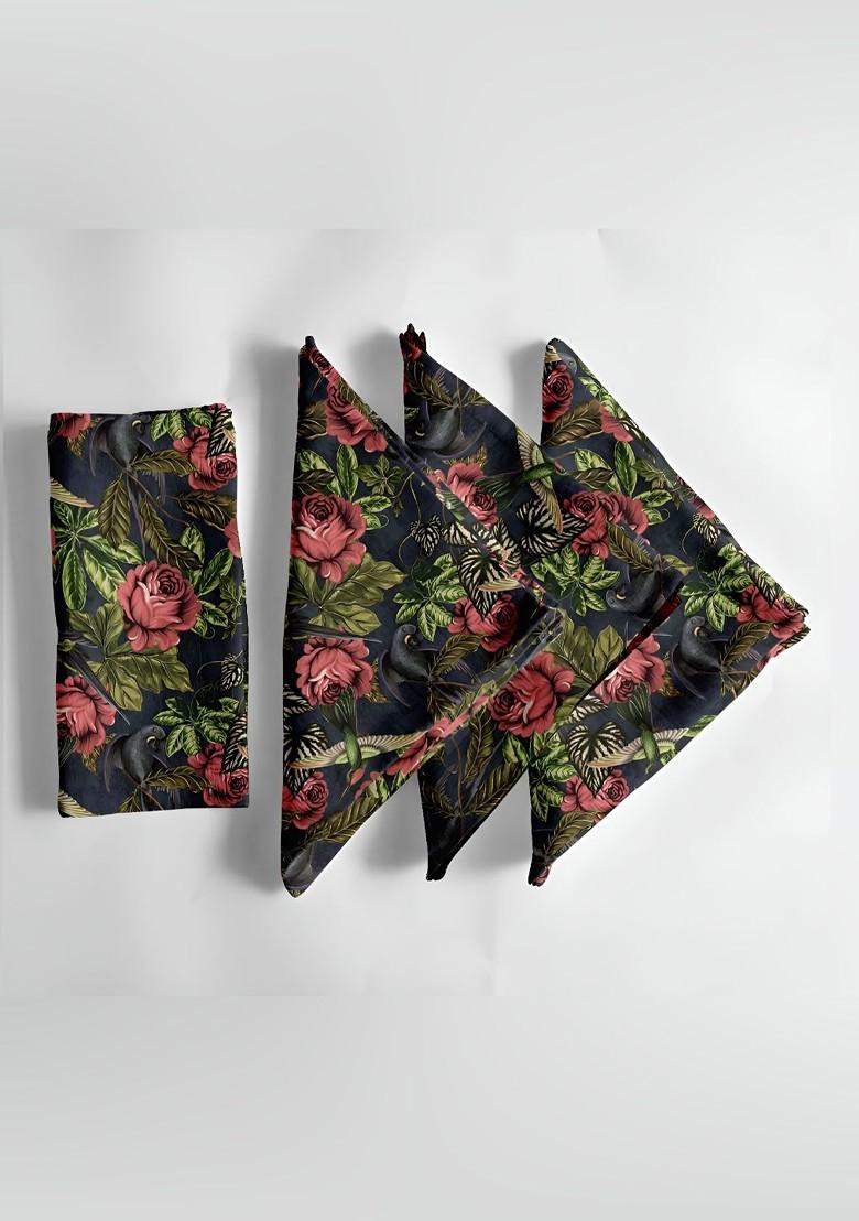 12Pcs Black And Green Printed Cotton Table Napkins