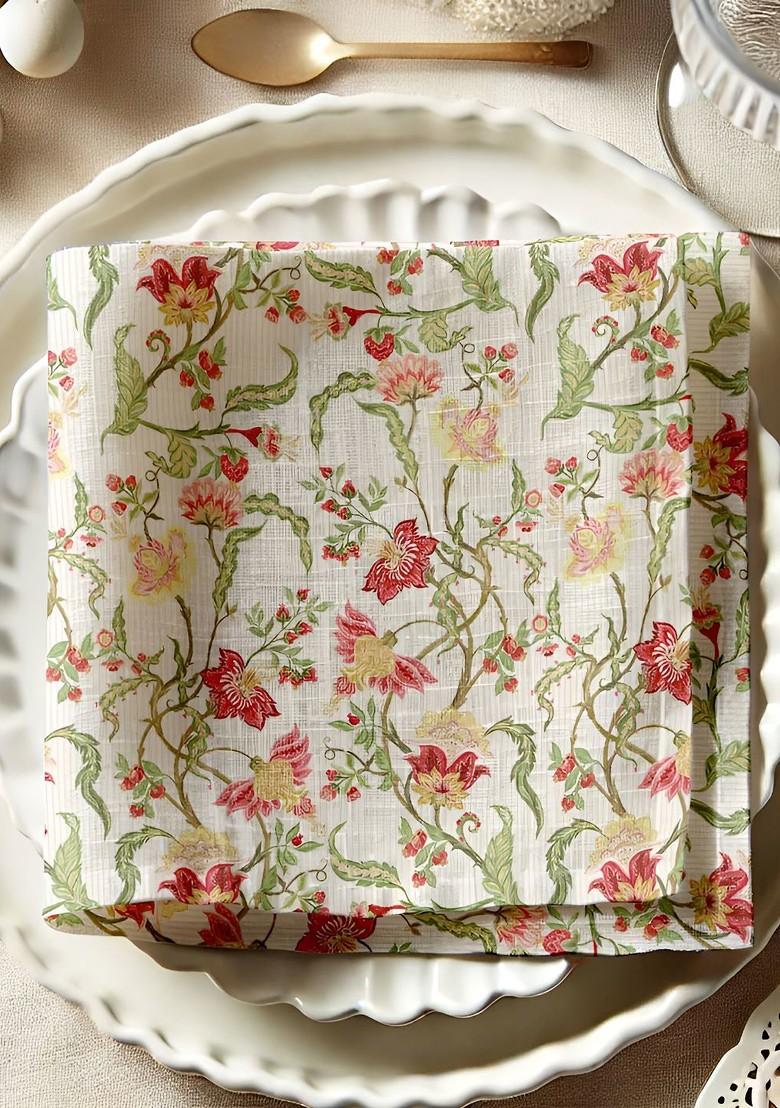 12Pcs Off White And Green Printed Cotton Table Napkins