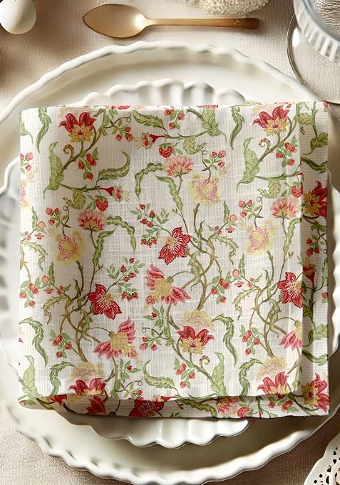 12Pcs Off White And Green Printed Cotton Table Napkins