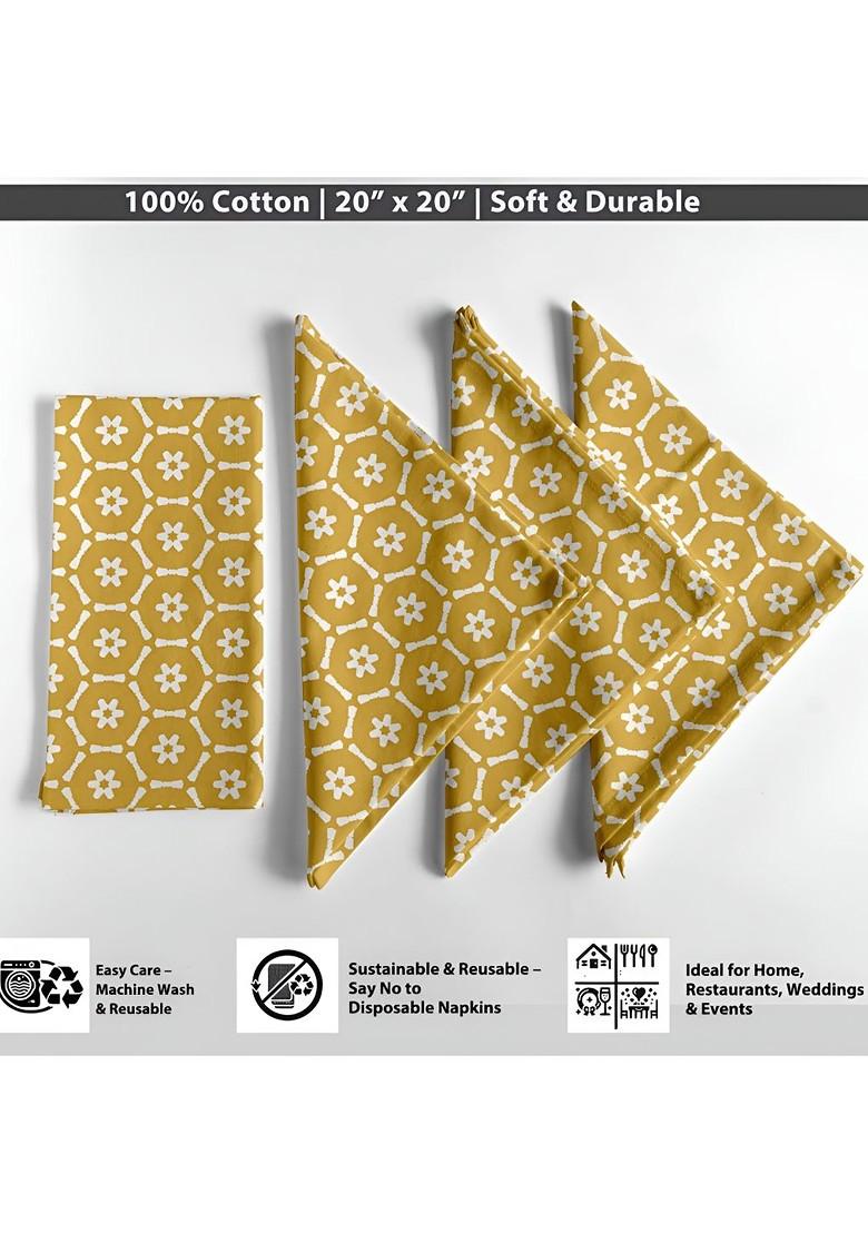 12Pcs Mustard Yellow And White Printed Cotton Table Napkins
