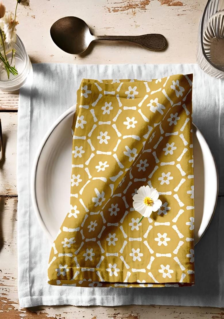 12Pcs Mustard Yellow And White Printed Cotton Table Napkins