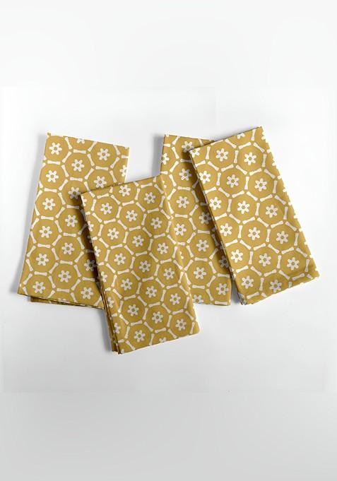 12Pcs Mustard Yellow And White Printed Cotton Table Napkins