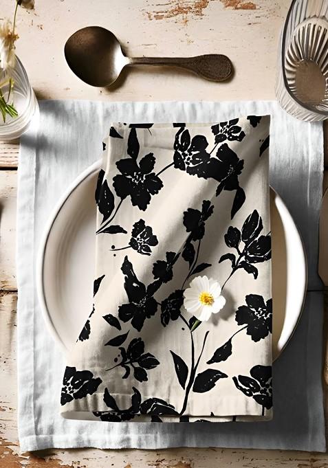 12Pcs Off White And Black Printed Cotton Table Napkins