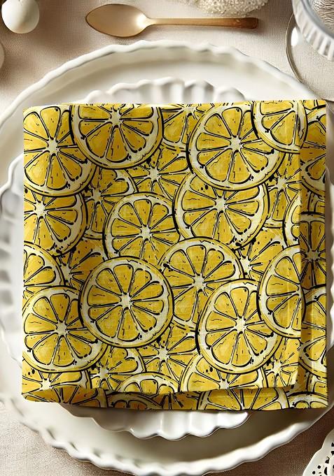 12Pcs Yellow And Cream Colored Printed Cotton Table Napkins