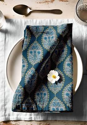 12Pcs Teal Green And Cream Colored Printed Cotton Table Napkins