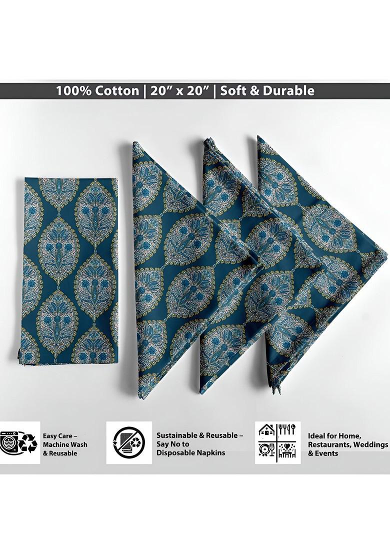 12Pcs Teal Green And Cream Colored Printed Cotton Table Napkins