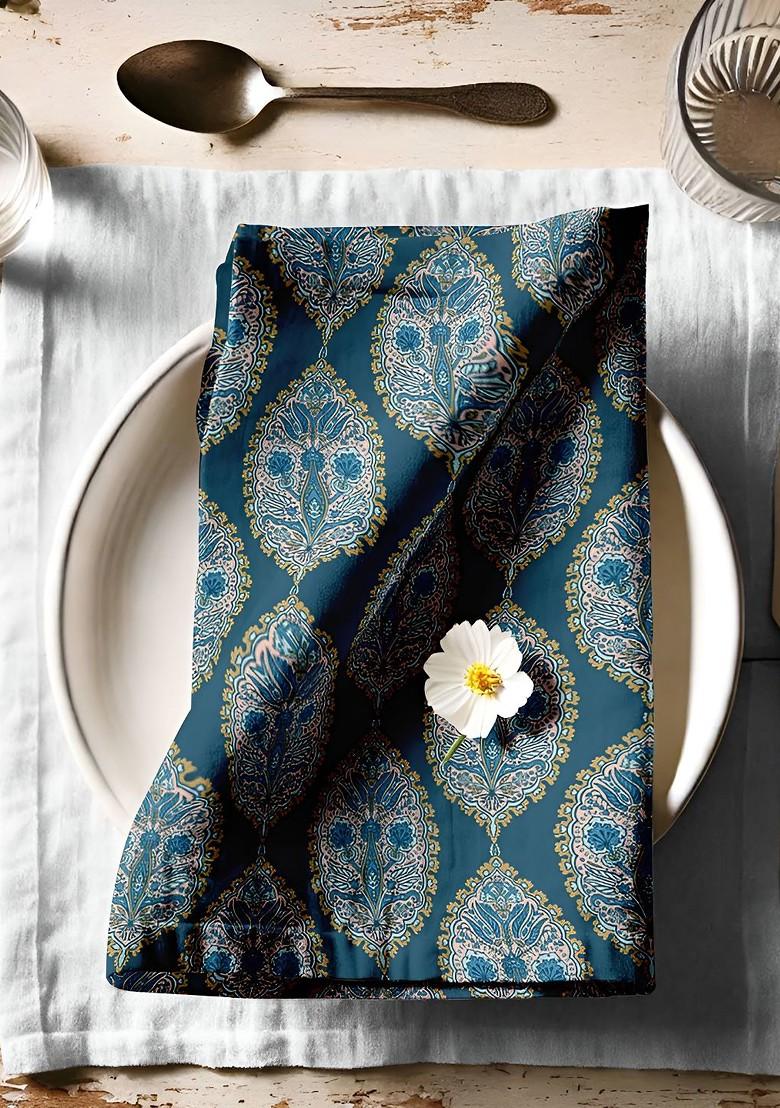 12Pcs Teal Green And Cream Colored Printed Cotton Table Napkins