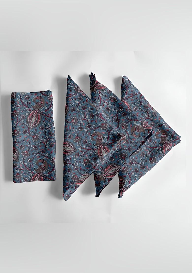 12Pcs Blue And Brown Printed Cotton Table Napkins