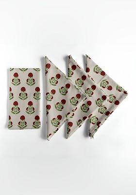 12Pcs Off White And Green Printed Cotton Table Napkins