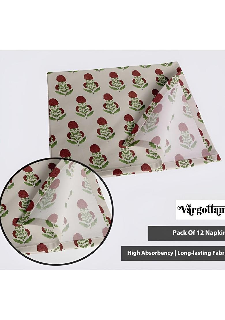 12Pcs Off White And Green Printed Cotton Table Napkins