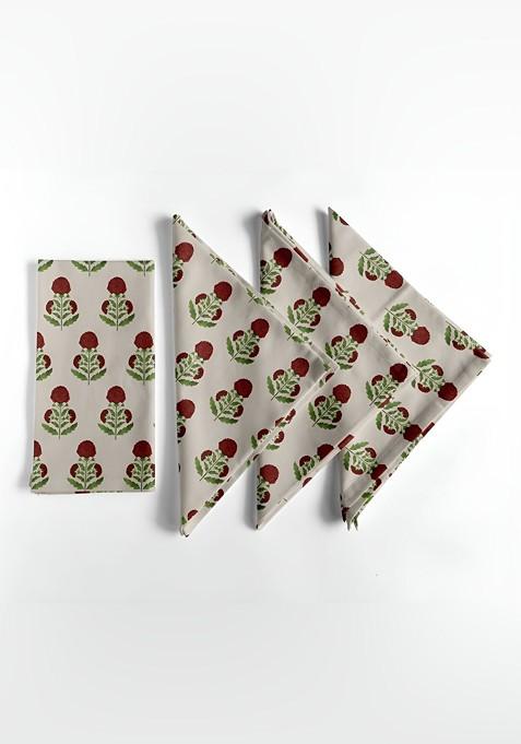 12Pcs Off White And Green Printed Cotton Table Napkins