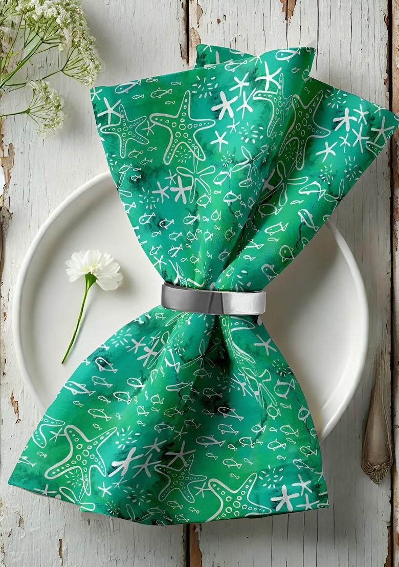 12Pcs Green And White Printed Table Napkins