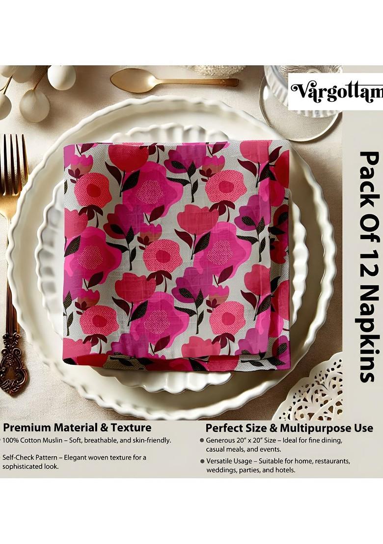 12Pcs Pink And Grey Printed Cotton Table Napkins