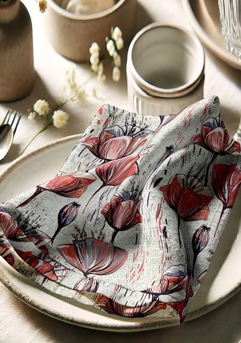 12Pcs Grey And Peach Colored Printed Cotton Table Napkins