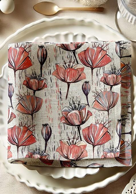 12Pcs Grey And Peach Colored Printed Cotton Table Napkins