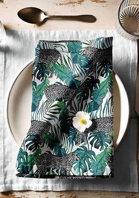 12Pcs White And Green Printed Cotton Table Napkins