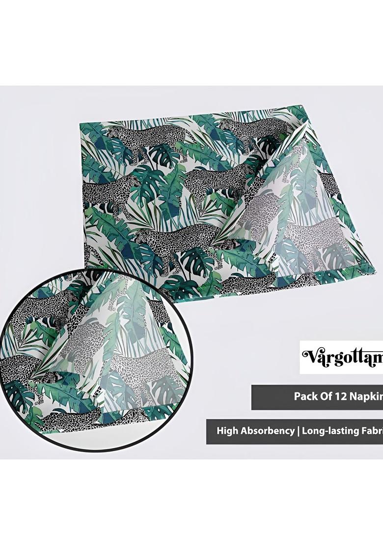 12Pcs White And Green Printed Cotton Table Napkins