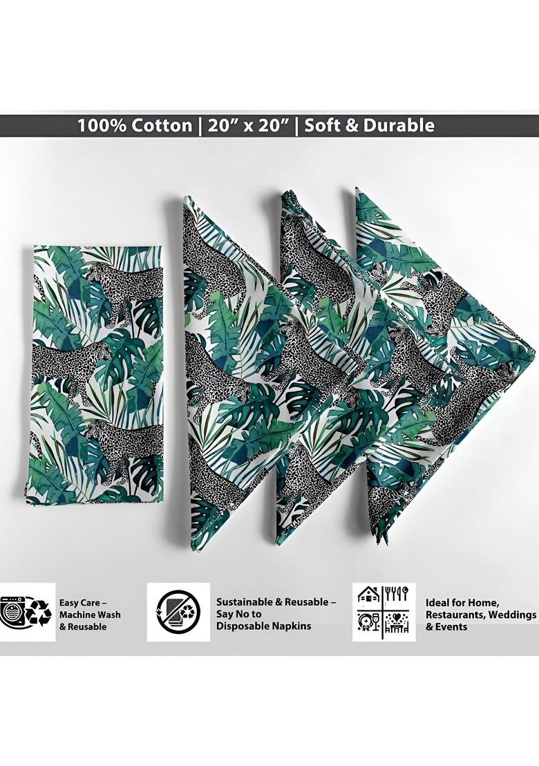 12Pcs White And Green Printed Cotton Table Napkins