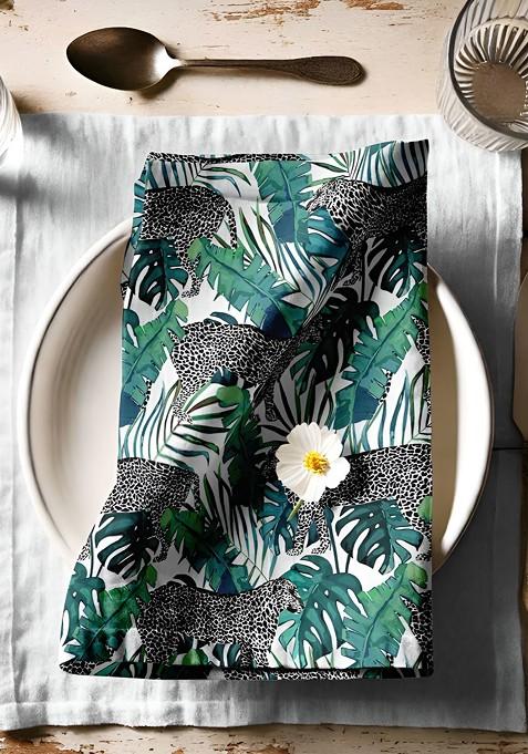 12Pcs White And Green Printed Cotton Table Napkins