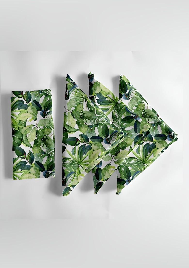 12Pcs Green And Off White Printed Cotton Table Napkins