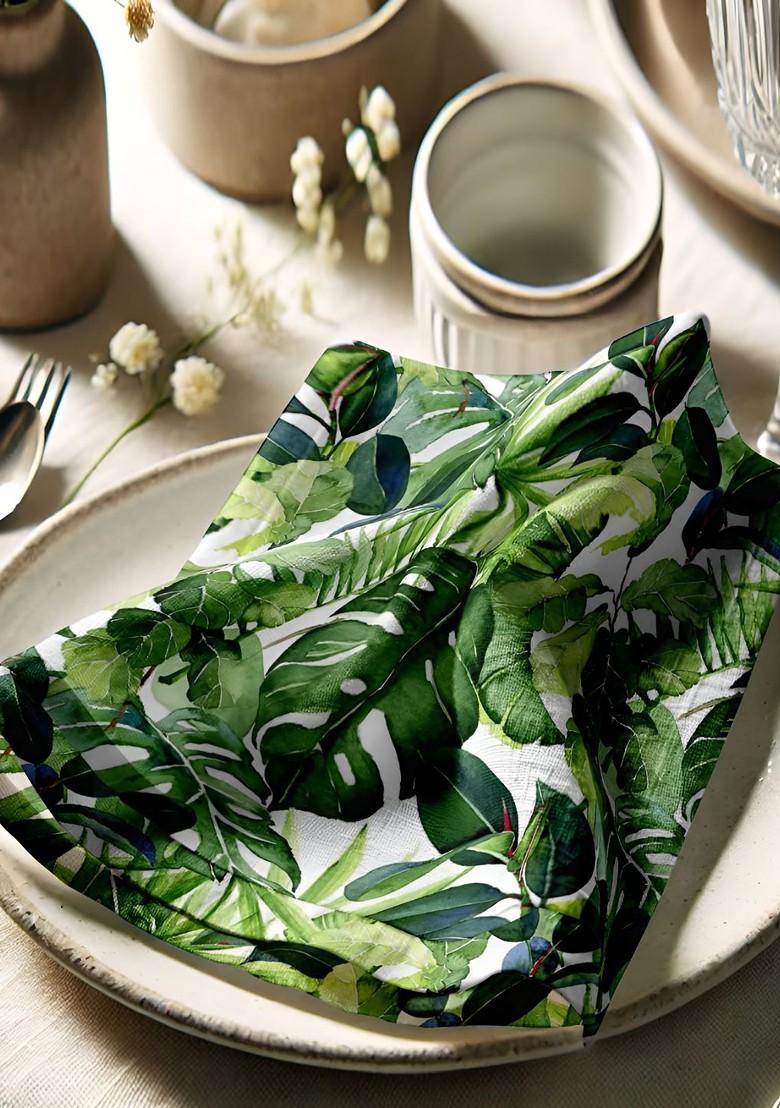 12Pcs Green And Off White Printed Cotton Table Napkins