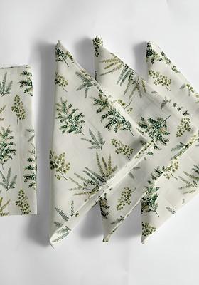 12Pcs Off White And Green Printed Cotton Table Napkins