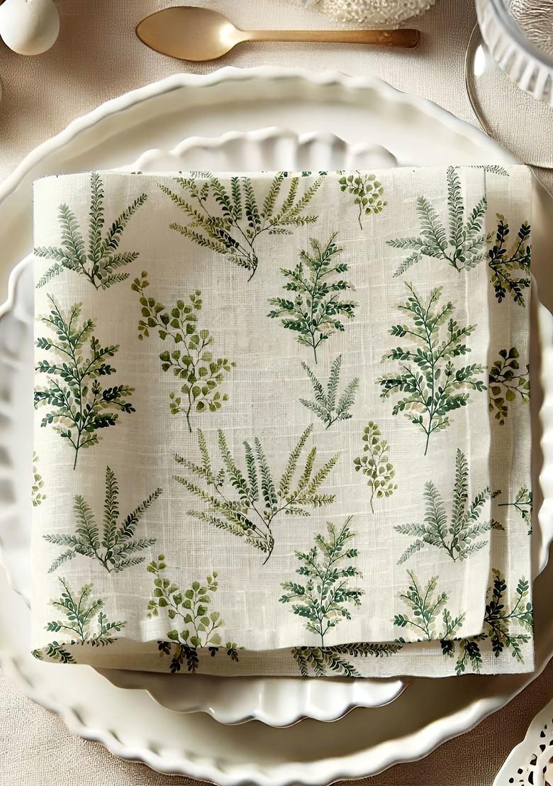 12Pcs Off White And Green Printed Cotton Table Napkins