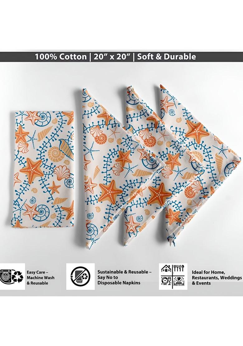 12Pcs White And Blue Printed Cotton Table Napkins