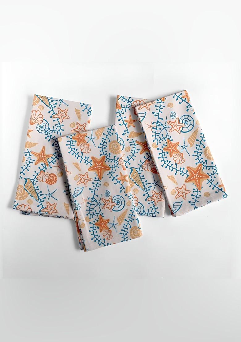 12Pcs White And Blue Printed Cotton Table Napkins