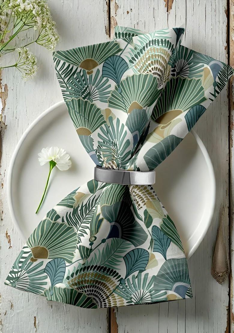 12Pcs Green And Off White Printed Cotton Table Napkins