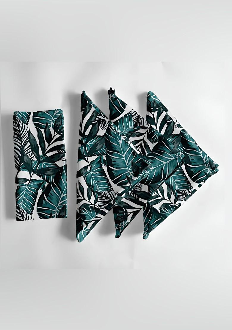 12Pcs White And Teal Green Printed Cotton Table Napkins