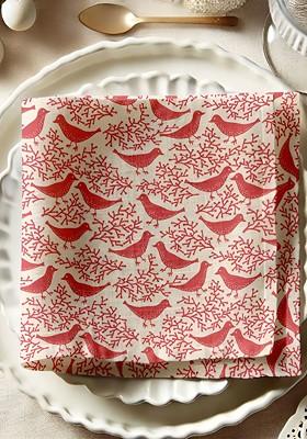 12Pcs Red And Off White Printed Cotton Table Napkins