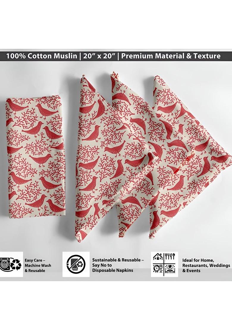 12Pcs Red And Off White Printed Cotton Table Napkins